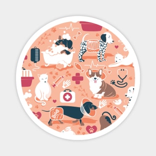 Veterinary medicine, happy and healthy friends // pattern // coral background red details navy blue white and brown cats dogs and other animals Magnet